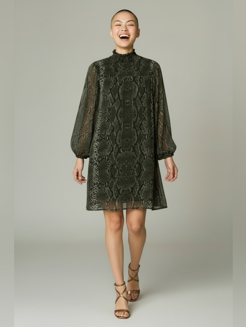 H&M Olive Snake-Print Ruffle Neck Long Sleeve Chiffon Mini Dress Misses Size XS